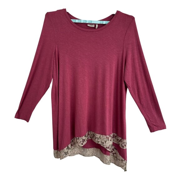 LOGO by Lori Goldstein Tops - LOGO By Lori Goldstein Womens 2X Berry Pink Long Sleeve Tunic Lace Hem Boho